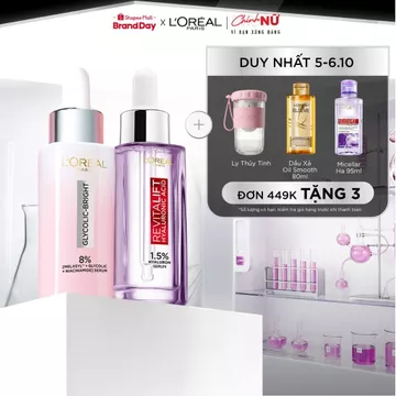 Bộ 2 Serum siêu cấp ẩm Hyaluronic Acid 1.5% 30ml & Glycolic Melasyl 8% dưỡng sáng da, mờ thâm mụn nám Loreal Paris