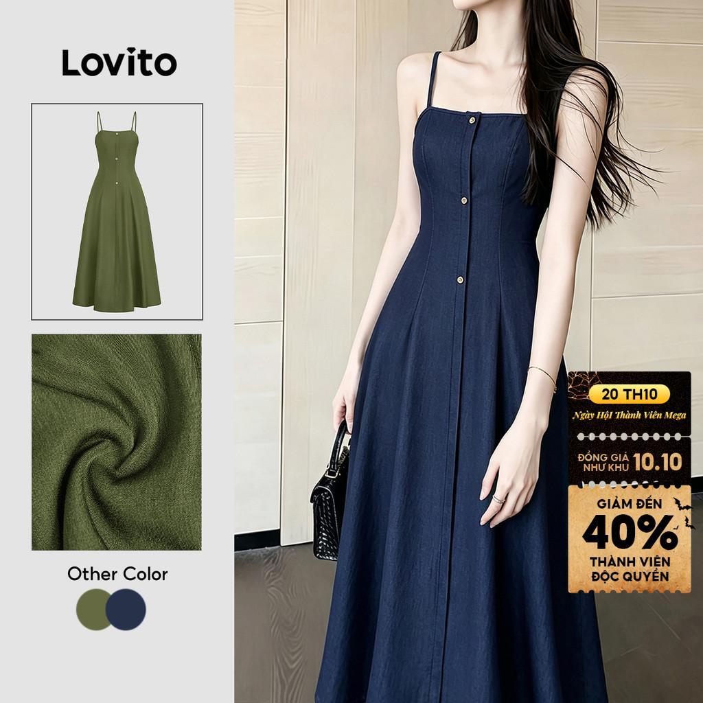 Lovito Đầm nữ xanh navy thời trang xuân hè nút phong cách thường ngày LK7LD1007