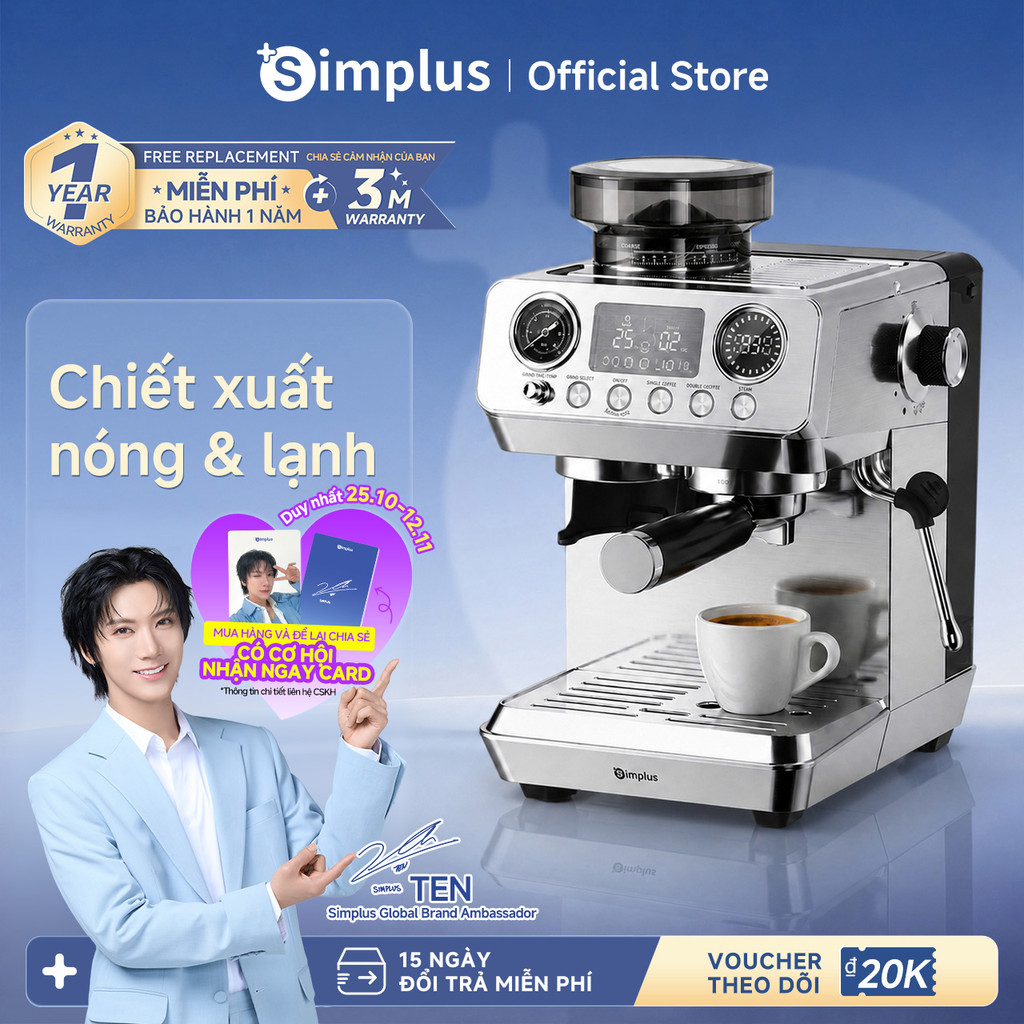 Simplus×TEN Máy pha cà phê espresso bán tự động  tích hợp xay–chiết xuất–tạo bọt sữa 3 trong 1 KFJH022