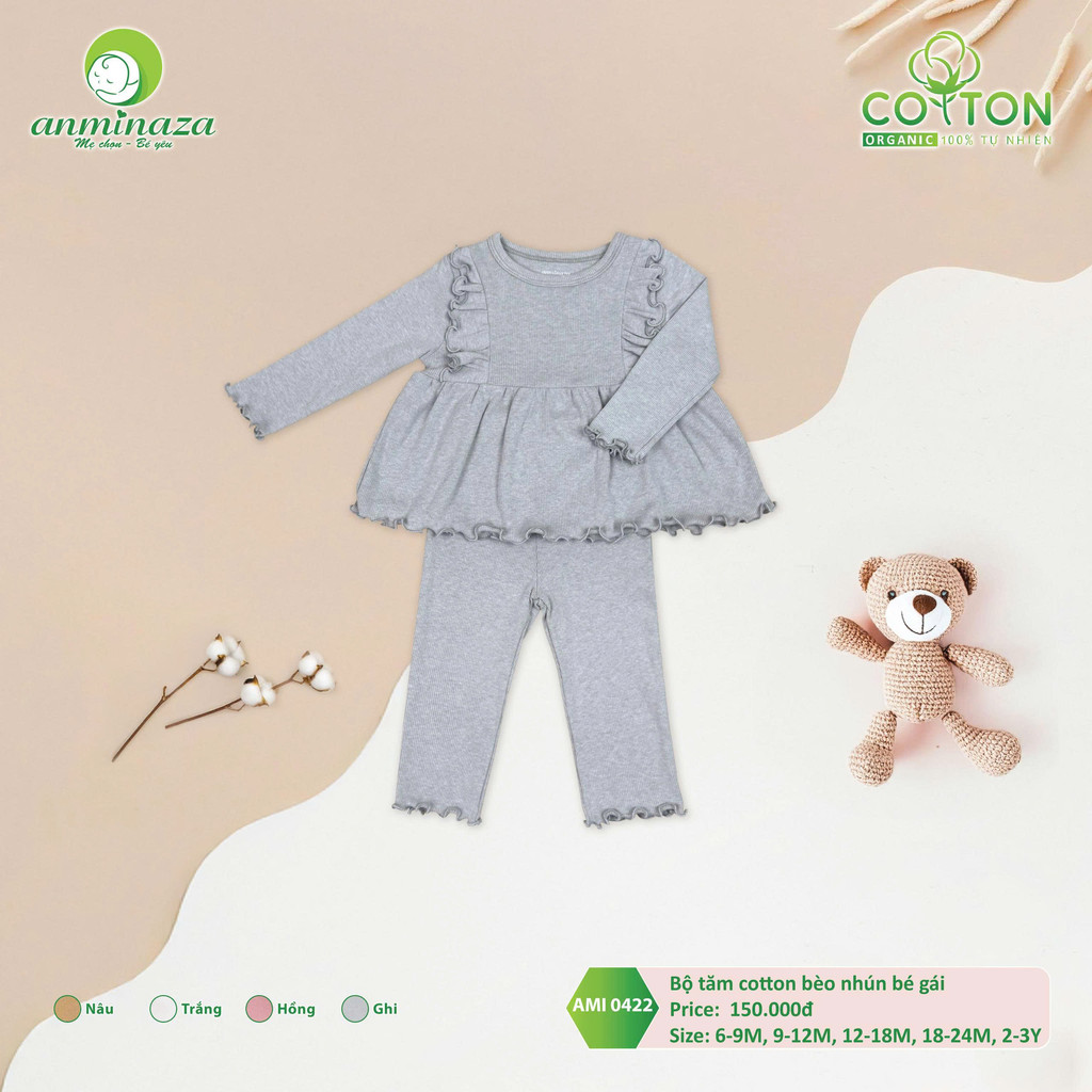 Bộ Tăm Dài Tay Bé Gái Anminaza Béo Nhún Xinh Điệu Đà Vải Co Dãn Thấm Hút - Hàng Chính Hãng AMI0422