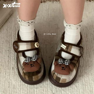 XIXITIAO Mary Jane Giày Cotton Đế Dày Thoải Mái Nữ Dễ Thương Gấu Mùa Đông Lông Cừu Lót Bên Ngoài Mặc
