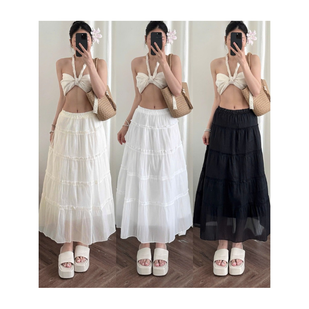 Chân Váy Dáng Dài Xòe 5 Tầng Chất Voan Tơ Phối Bèo Phong Cách Ulzzang Thời Trang_CV055