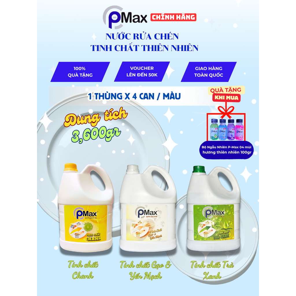 [Thùng] Nước Rửa Chén Thiên Nhiên PMAX 3.6kg - Sạch Dầu Mỡ, Thơm Dịu, Mịn Da Tay, An Toàn Cho Trẻ