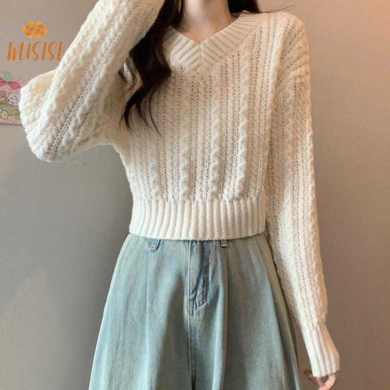 Áo len dệt kim ngắn tay cổ chữ V cổ điển, thời trang dành cho nữ