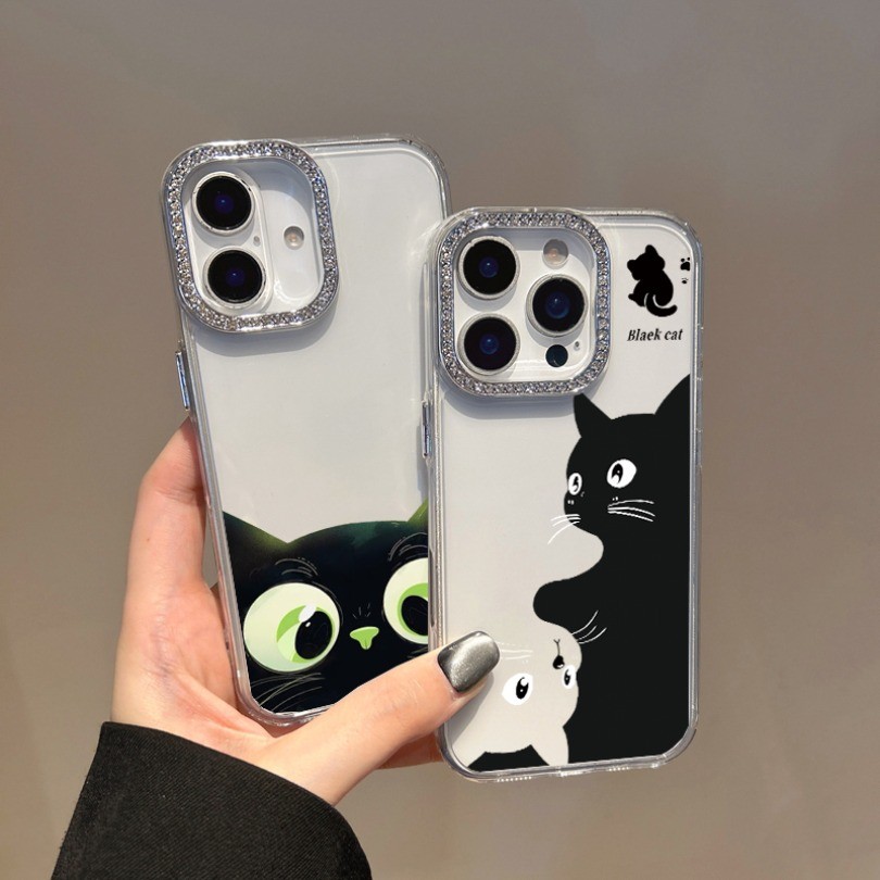 Đồ họa Doodle Black Cat Ốp điện thoại trong suốt cho Redmi Note 14S 12S 11S 10S 9S 14 13 12 11 Pro + 9 10 Pro Max 7 8 Pro 12T 11T Pro 12 Turbo Vỏ kim cương giả chống rơi
