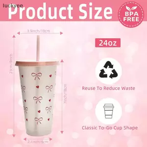 Luckyew Kawaii Chai Nước Thẩm Mỹ Tumbler Cho Đá Cà Phê Nước ép Trà Nơ Dễ Thương Cốc Nhựa Có Nắp Ống Hút Chai Uống Di Động TQ