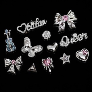 [ĐỘC QUYỀN]  Set Charm Queen Chrome Bạc Đính Đá Pha Lê Hồng Bướm Nơ Guitar Trái Tim Cao Cấp Trang Trí Dép Y2K Luxury