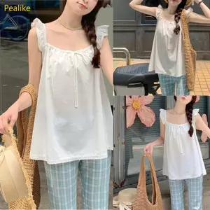 Pealike Nữ Không Tay Cổ Vuông Ren Áo Sơ Mi Màu Trơn Rời Xếp Ly Xe Tăng