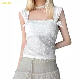 Pealike Nữ Cô Gái Đi Bộ Xe Tăng Áo Vintage Camisole Mùa Hè Cổ Vuông Cổ Áo Có Bên Vô Hình