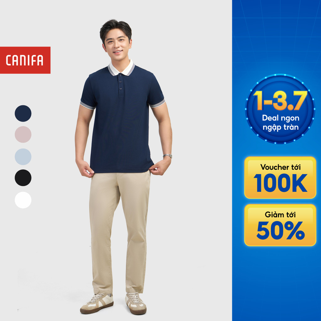 Áo polo nam CANIFA cổ bẻ ngắn tay phối line thanh lịch form rộng vừa 8TP26A004