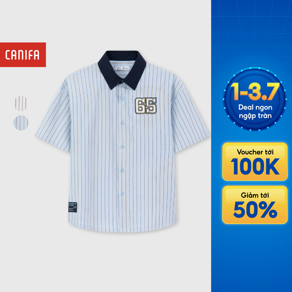 Áo sơ mi bé trai CANIFA cổ bẻ cộc tay kẻ sọc chất liệu cotton mềm mịn thoáng mát 2TH26C001