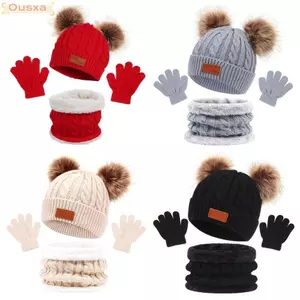 OUSXA 3 chiếc Bonnet cho trẻ mới biết đi, Bộ găng tay khăn quàng cổ ấm áp ngoài trời màu trơn, dày chống gió 1-5Y Pompom Mũ dệt kim mùa đông