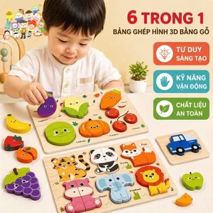Trò Chơi Ghép Hình 3D Gỗ 6 Trong 1 Phát Triển Trí Tuệ Cho Trẻ 0-3 Tuổi Hình Trái Cây Rau Củ Động Vật
