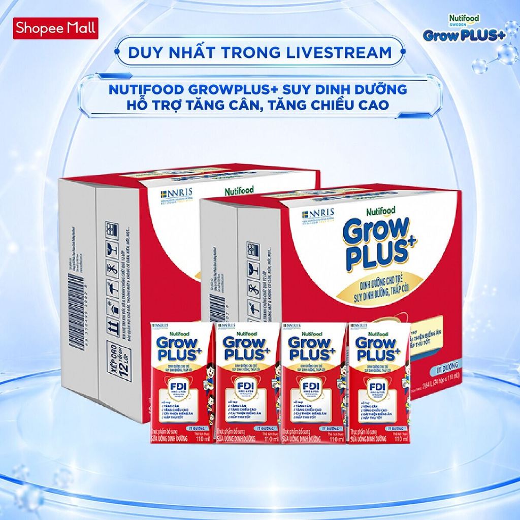 [Livestream Hannah Olala] Thùng SBPS Nutifood GrowPLUS+ ít đường Suy Dinh Dưỡng (48 Hộp x 110ml) (Bao bì tùy lô hàng)