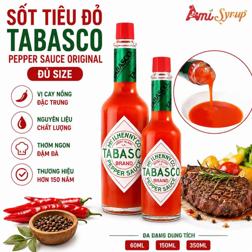 Sốt Tiêu Đỏ Tabasco Pepper Sauce Original Các Size 60ml, 150ml, 350ml, Gia Vị Tẩm Ướp Nguyên Chất