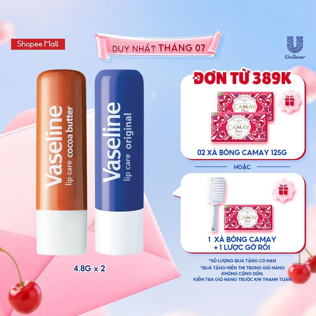 Bộ 2 son dưỡng môi Vaseline dạng thỏi Lip Care: Bơ Ca Cao và Mềm mịn ( 4.8g x2)