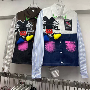 T Thái Lan Dạo Phố 2026 Thu Đông Phong Cách Mới Hoạt Hình Miếng Dán Graffiti Khâu Denim Sọc Áo Sơ Mi Nữ Rời Top
