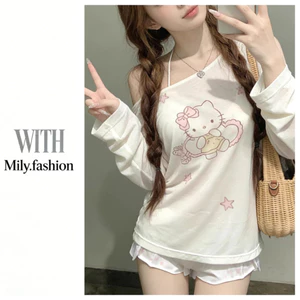 Milyfashion Loose Slimer Look Kitty Cat Print Áo thun quây dài tay ngọt ngào 0ANI