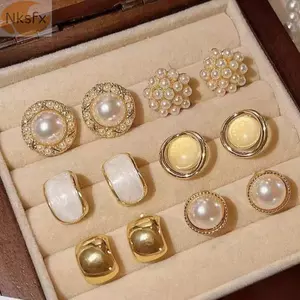 Bông tai NSSFX, Thiết kế sang trọng Bông tai giả phong cách cổ điển, Bông tai trang trí hình học màu vàng dễ thương Quà tặng cho nữ
