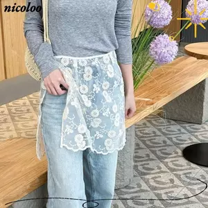 Rèm ren NICOLOO, Rèm hông trang trí quần jean, Nút bên ngọt ngào hợp thời trang Slim Fit thêu hoa ren nửa váy cho nữ
