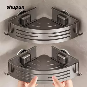 Kệ góc phòng tắm SHUPUN, có móc nhựa Không cần khoan Giá đựng vòi hoa sen, cốc hút hợp kim nhôm Dụng cụ sắp xếp phòng tắm Đồ dùng phòng tắm