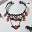 WEETW Gothic Choker, Vòng cổ Halloween phong cách đen tối cổ điển, Thời trang Đá đỏ Trái tim đính cườm màu đen Hoa xếp lớp Bông tai dơi Dress-Up