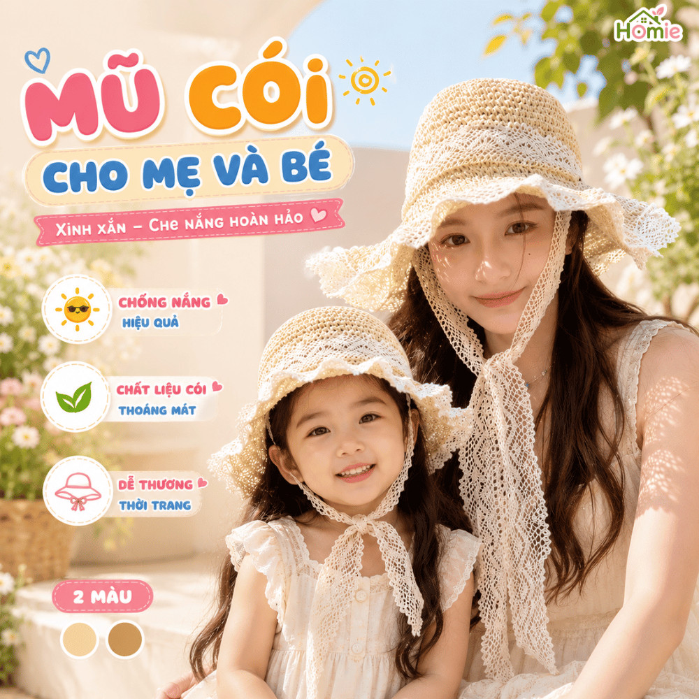 Mũ Cói Ren Đi Biển Cho Mẹ Và Bé Gái Đáng Yêu HOMIE, Nón Chống Nắng Đi Du Lịch Style Nàng Thơ
