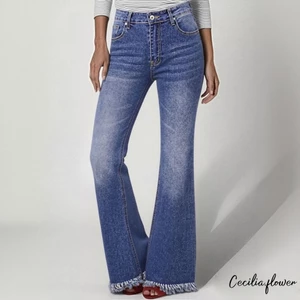 Quần jean loe lưng cao dành cho nữ Faded Wash Raw Frayed Hem Quần Denim ống rộng có túi