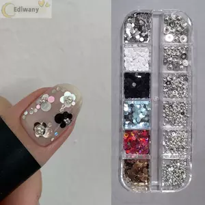 EDIWANY Chấm Bi Lấp Lánh Trang Trí Móng Tay Nghệ Thuật, Hạt Bạc Nửa Vòng Tròn 12 Lưới Phụ Kiện Móng Tay Lấp Lánh, Y2K Tối Giản Đầy Màu Sắc DIY Móng Tay Quyến Rũ Salon Móng Tay