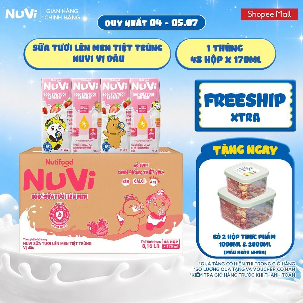 Thùng 48 Hộp Sữa Tươi Lên Men Tiệt Trùng Nuvi vị Dâu 170ml