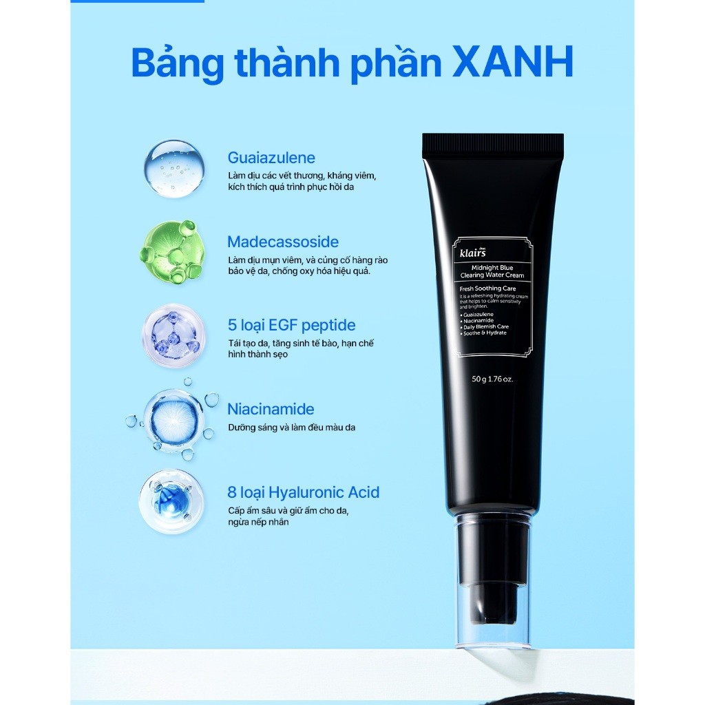 [DATE T6-T11/27] Kem dưỡng ẩm Dear, Klairs Midnight Blue Clearing Water Cream hỗ trợ tái tạo da 50g [FS]