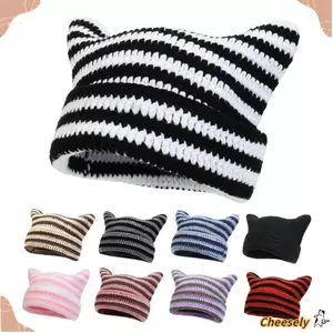 Mũ beanie Nhật Bản CHEESELY, Giữ ấm Punk Gothic Ins Mũ sọc quỷ nhỏ, Thời trang Unisex Y2K Bông tai mèo dễ thương Skullies Cap Nữ
