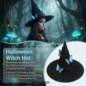 DONOVANQQ Halloween Hat, Gothic Lưới Sợi Gothic Gothic Mũ Phù Thủy, Ngộ nghĩnh Cao Mũi Nhọn Nón Top Bướm Kẹp Tóc Có Thể Tháo Rời Nữ Phù Thủy Mũ Trường Sự Kiện