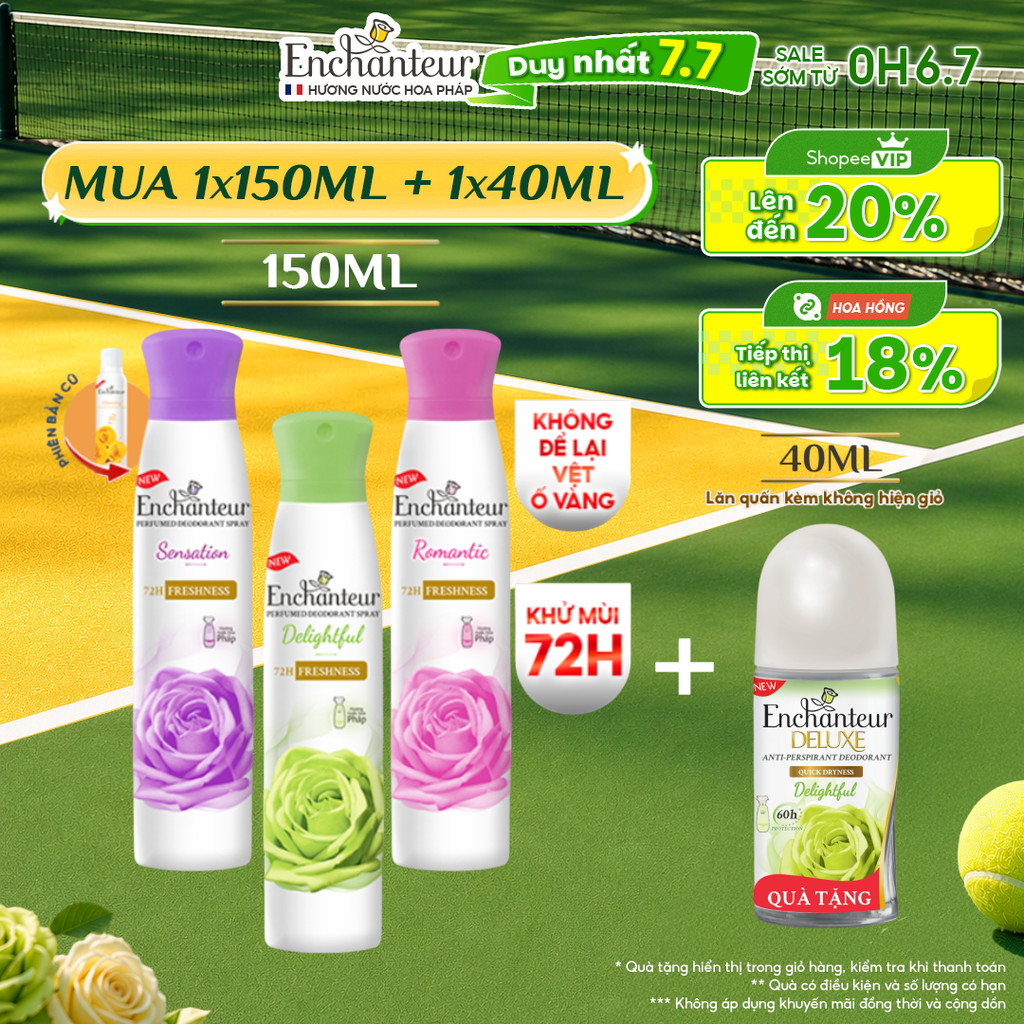 [TẶNG LĂN 40ML] Xịt khử mùi Enchanteur khô thoáng 72 giờ cảm giác tươi mát sảng khoái lâu dài 150ml (quà mùi ngẫu nhên)