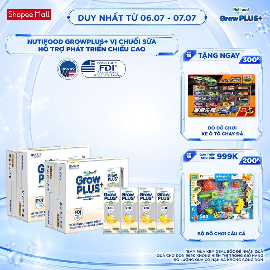 Combo 2 Thùng 24 hộp Sữa bột pha sẵn Nutifood Sweden GrowPLUS+ Vị Chuối Sữa hộp 180ml - Trên 1 tuổi