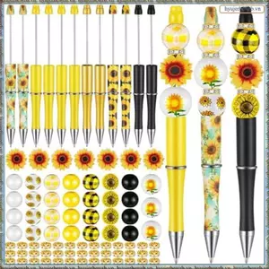 Bộ 12 bút bi nhựa lắp hạt charm, mực đen, kèm hạt gỗ & hạt pha lê, dễ sử dụng