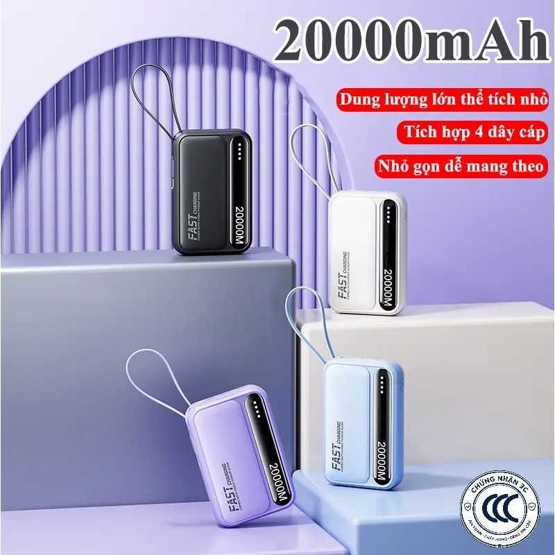Pin Sạc Dự Phòng  20000mAh sạc nhanh pin mini dung lượng lớn có sẵn nhiều dây sạc R08