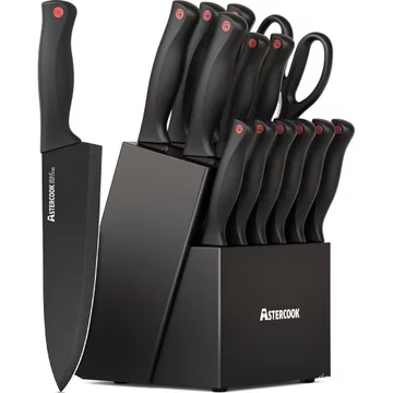 Bộ dao, Bộ dụng cụ nhà bếp bằng thép không gỉ Đức, Bộ dao nhà bếp 15 món Astercook có giá đỡ dao, Bộ nhà bếp làm sạch máy rửa chén có máy mài tích hợp, Bộ dụng cụ bằng thép không gỉ Đức YKAR