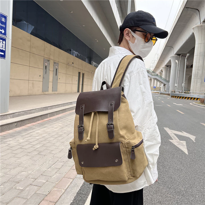 Ba lô vải canvas, túi đựng laptop, ba lô du lịch có dây rút cá tính và phong cách, ba lô nắp gập, ba lô cổ điển dành cho nam – 4