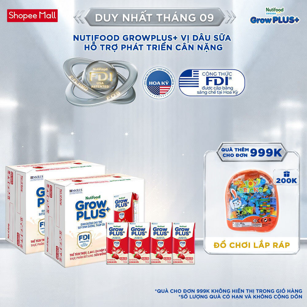 Combo 2 Thùng 24 hộp Sữa bột pha sẵn Nutifood GrowPLUS+ Vị Dâu Sữa hộp 110ml - Trên 1 tuổi