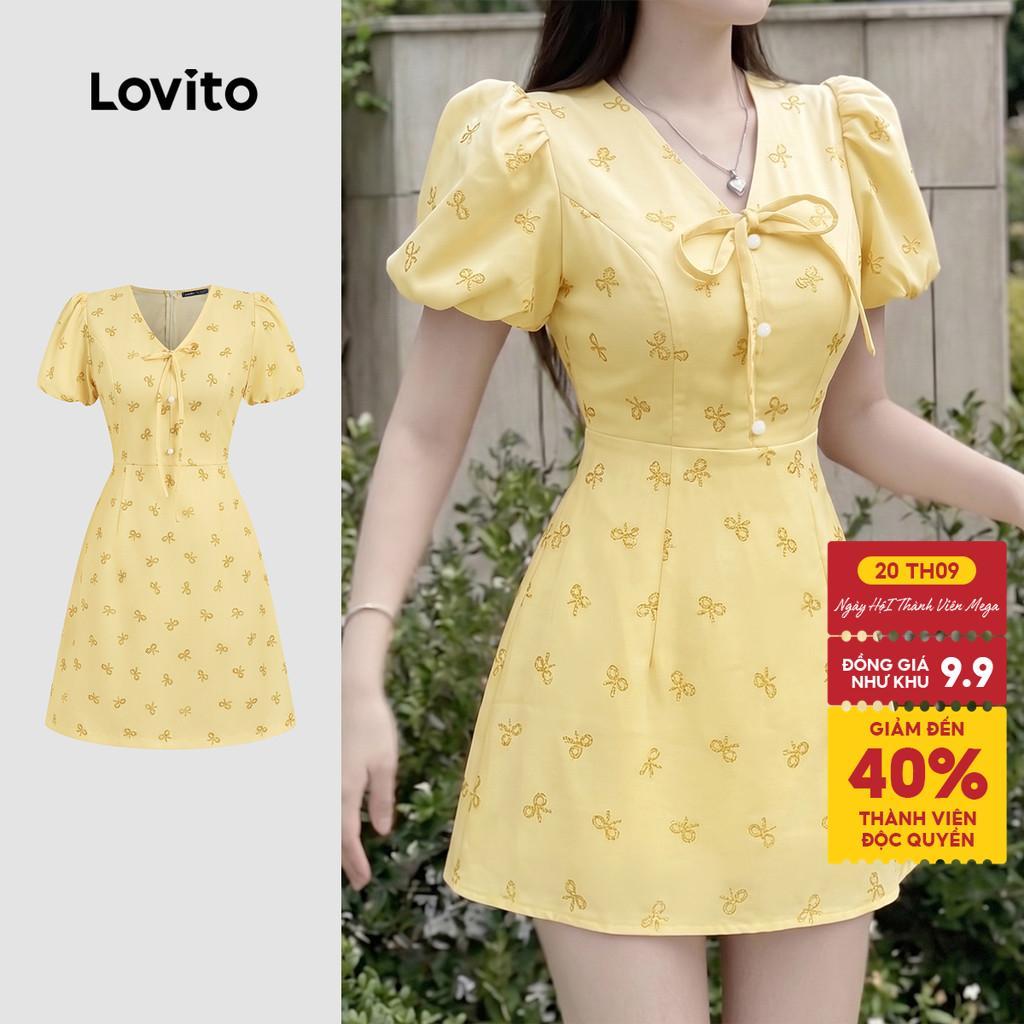 Lovito Đầm phong cách thường ngày phối nơ có nút mùa xuân/hè màu vàng cho nữ L198ED068
