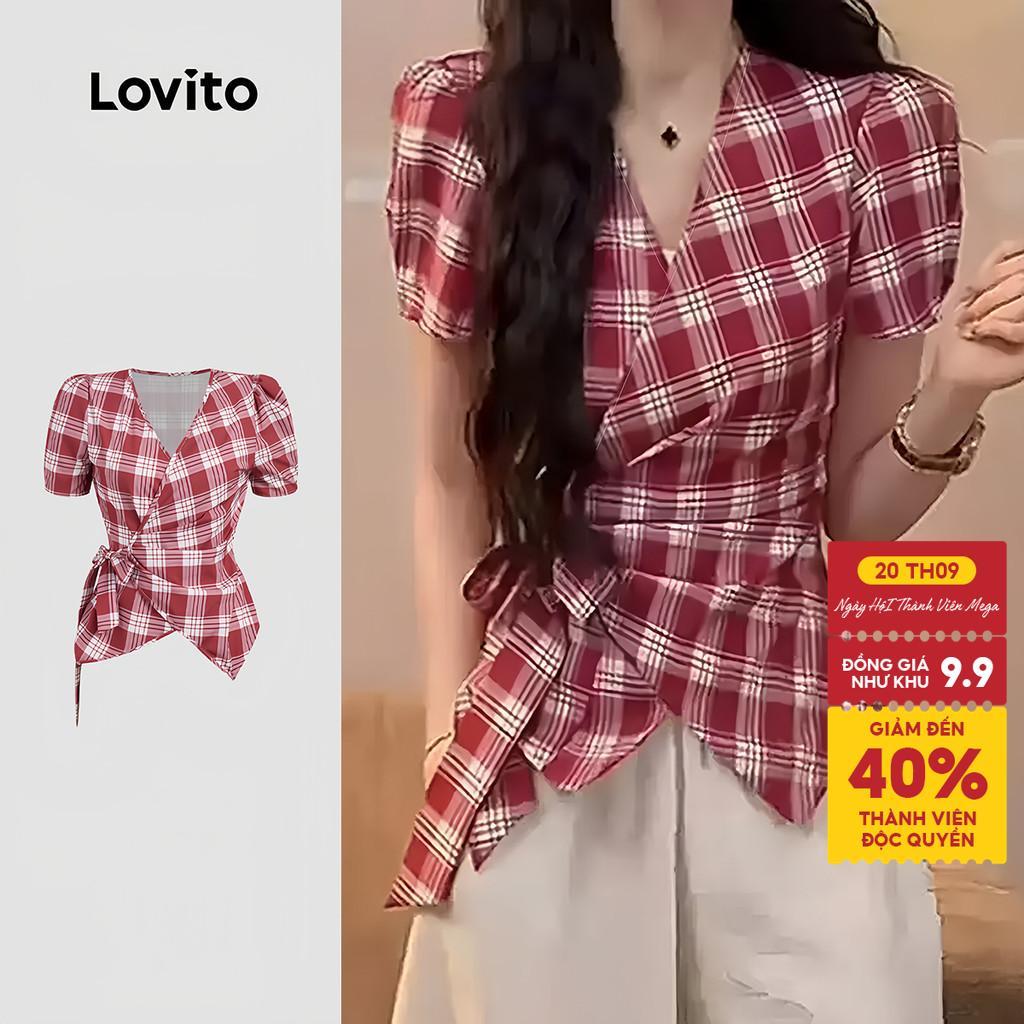 Lovito Áo phong cách thường ngày xếp ly mùa xuân/hè màu đỏ cho nữ L195ED363