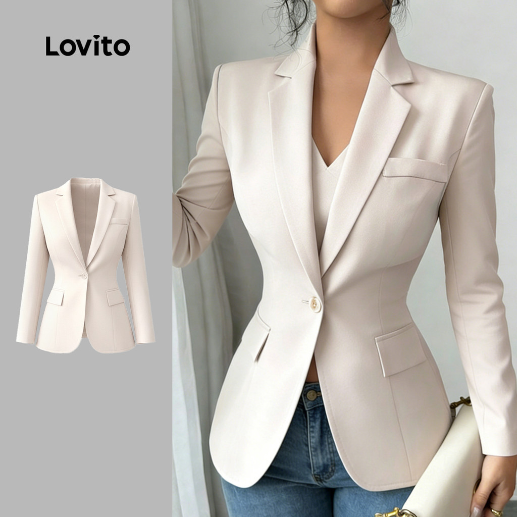Áo blazer Lovito thanh lịch có nút mùa xuân/hè màu kaki cho nữ LK6LD262