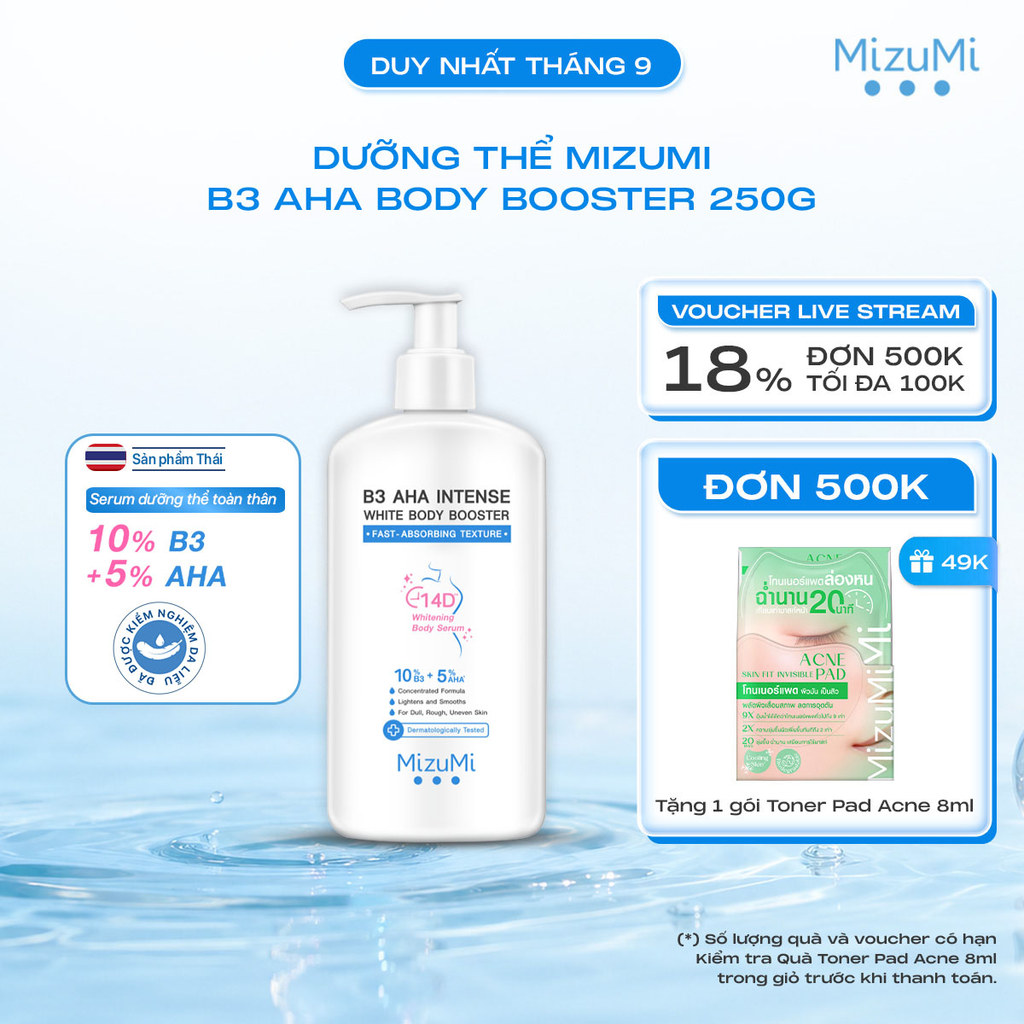 MizuMi Dưỡng Thể Sáng Da B3 AHA Intense White Body Booster 250g Mịn Màng , Niacinamide, AHA, Ceramide
