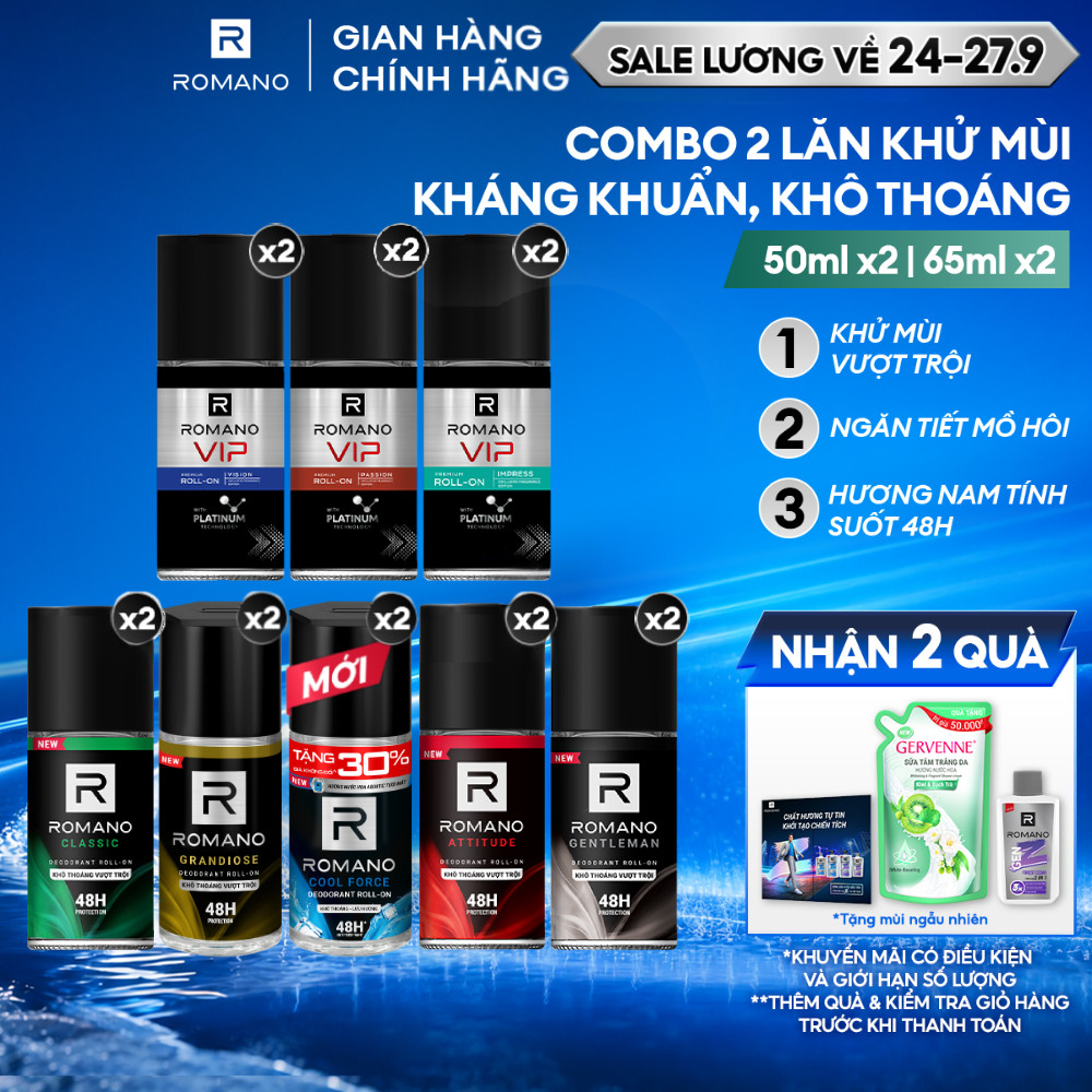 [SVIP] Combo 2 Lăn khử mùi Romano Khử mùi vượt trội, Hương nam tính suốt 48H 50ml / 65ml