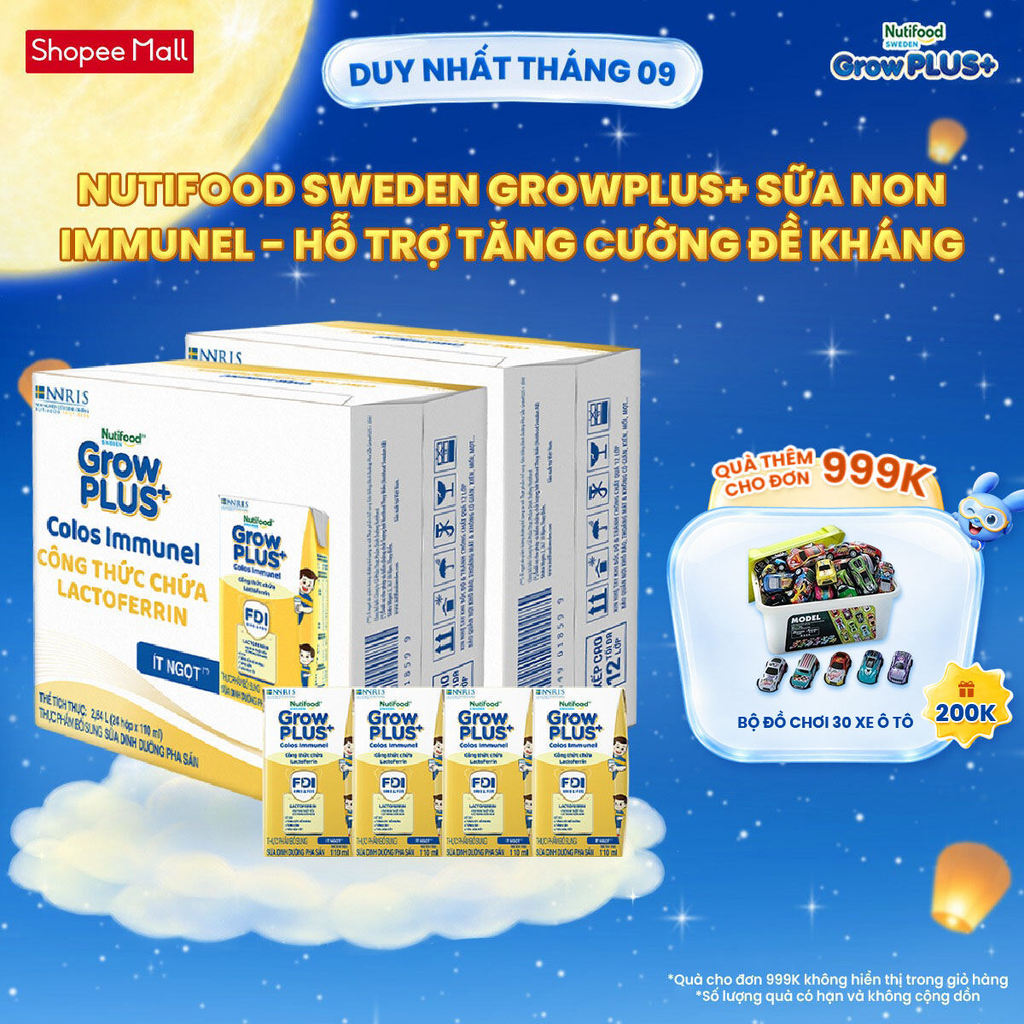 Combo 2 Thùng 24 hộp Sữa Bột Pha Sẵn Nutifood Sweden GrowPLUS+ Sữa Non Immunel hộp 110 ml (Bao bì tuỳ lô hàng)