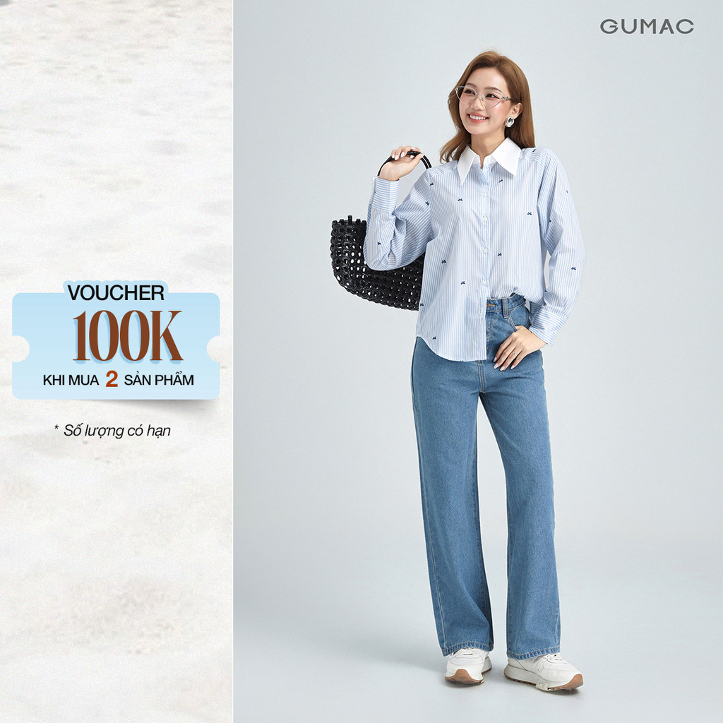 Quần Jeans Nữ Dáng Suông Vừa GUMAC Màu Xanh Đậm Tôn Dáng Chất Jeans Mềm Đứng Form LQJE1109