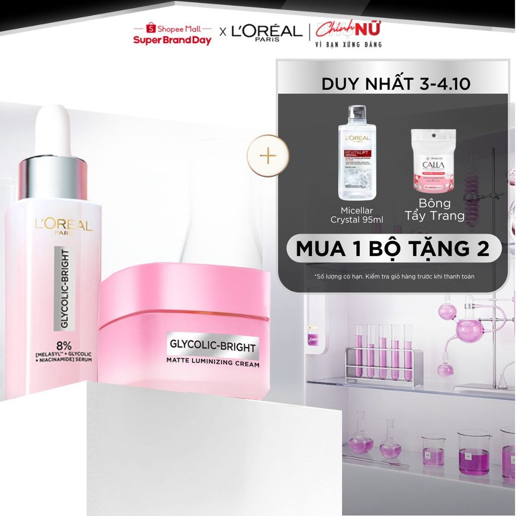 Bộ đôi serum & kem dưỡng sáng da đột phá Melasyl mờ thâm mụn, nám L'Oreal Paris Glycolic Bright 30ml, 50ml