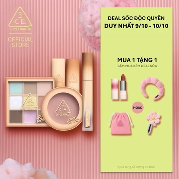 3CE BST COLOR BAKER - SON GLAZY LIP GLOW, SON VELVET PLUSH, MÁ HỒNG FACE BLUSH, BẢNG MẮT MULTI EYE 9 COLORS PALETTE