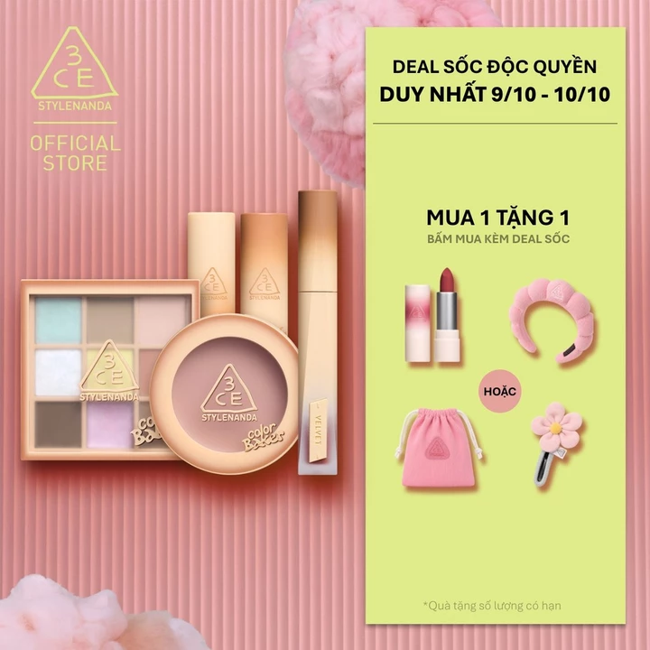 3CE BST COLOR BAKER - SON GLAZY LIP GLOW, SON VELVET PLUSH, MÁ HỒNG FACE BLUSH, BẢNG MẮT MULTI EYE 9 COLORS PALETTE